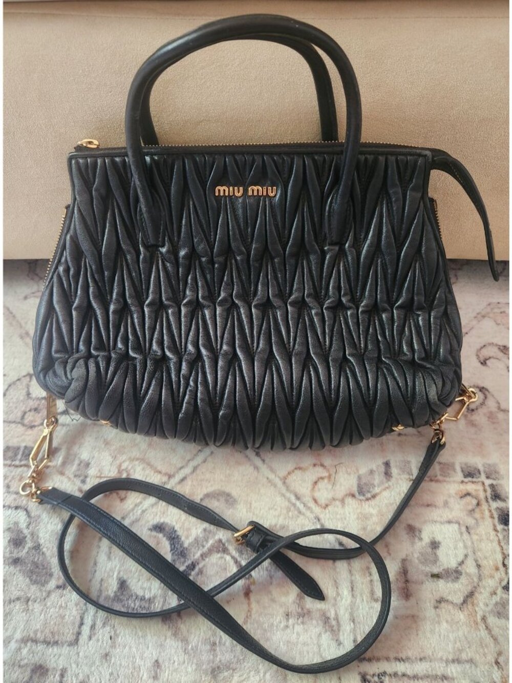 Miu Miu Black 2 Way Leather Handbag Top Handle Crossbody Bag